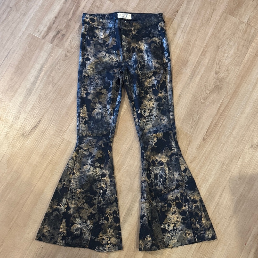 Free People Black Metallic Floral Flare Pants